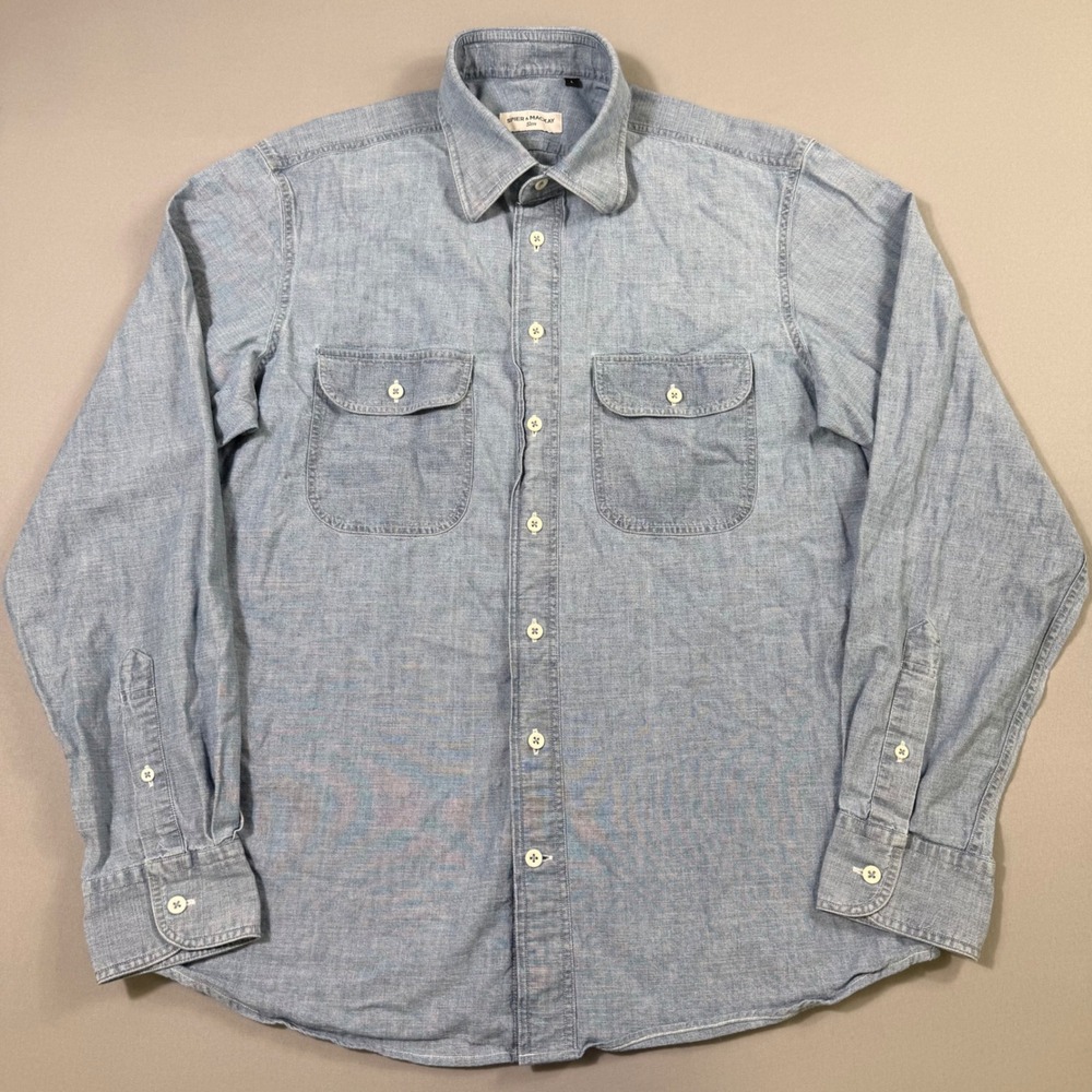 Spier & Mackay Denim Button Down Shirt Mens Large Light Blue Slim Fit Workshirt